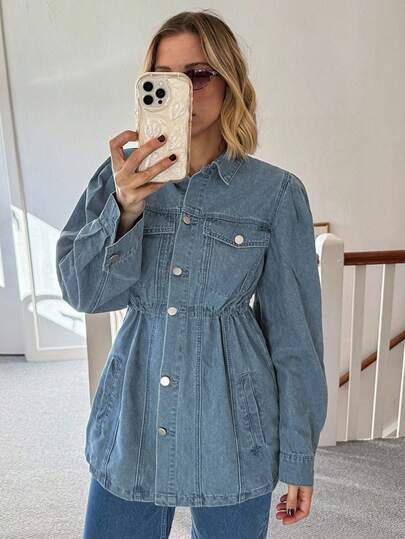 Livesso Camisa vaquera de manga larga holgada y vintage con bolsillos para mujer