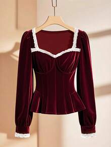 GlowEve Chemise à manches longues ajustée pour femmes avec empiècement en dentelle, col ras-du-cou et froncée à la poitrine. Élégante et pratique pour le quotidien en automne/hiver