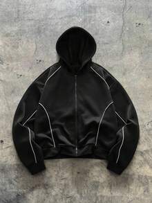 AXEPEAK 男士休闲拉链连帽衫，带抽绳，秋季，秋冬 - 黑色 - 查看 1