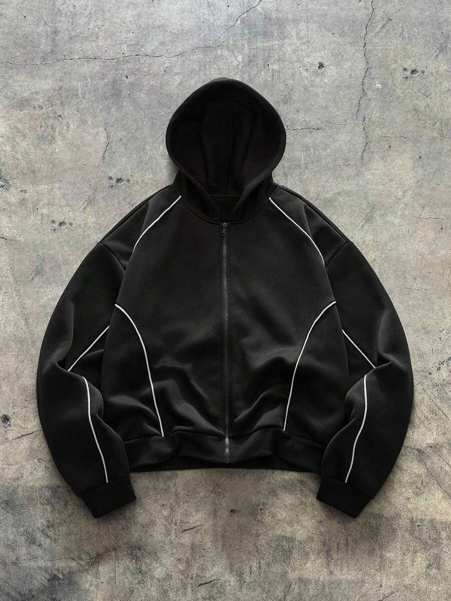 AXEPEAK 男士休闲拉链连帽衫，带抽绳，秋季，秋冬 - 黑色 - 查看 1