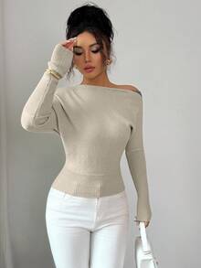 Elenzga Damen Farbblock asymmetrischer Schulter Pullover, eleganter Vintage Stil geeignet für Urlaub und Feiertage, Frühling/Herbst