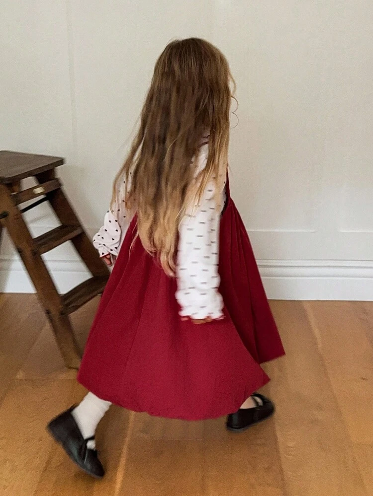 Young Girl Ruffle Floral Print Long Sleeve T-Shirt & Solid Color Bowknot Waist Floral Dress Set Christmas