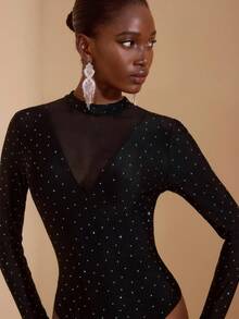 JIAN LASALA Tuta nera con collo alto, maglia luccicante, trasparente in rete, maniche lunghe, sexy, per feste, tuta casual a maniche lunghe da donna, tuta con paillettes, tuta da donna con paillettes, collezione di abbigliamento elegante e alla moda