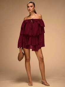 SHEIN BAE Vestido elegante de mujer de unicolor con hombros descubiertos y volantes en el bajo, otoño - Burdeos - Ver 3