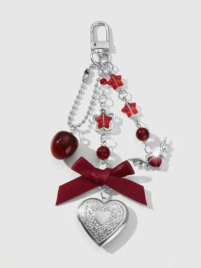 Kawaii 1pc Y2K Fashionable Delicate Silver Hollow Resin Star Wing Heart Ribbon Bow Crystal Strawberry DIY Heart Keychain Bag Charm, Suitable For Women/Girls Daily Wear, Holiday Gift