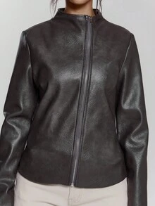 MUSERA High Neck Asymmetric Zip Down Faux Leather Fitted Jacket Sexy Going Out Night Out Winter Cute Streetwear Feraux Spring - Dark Grey - View 7