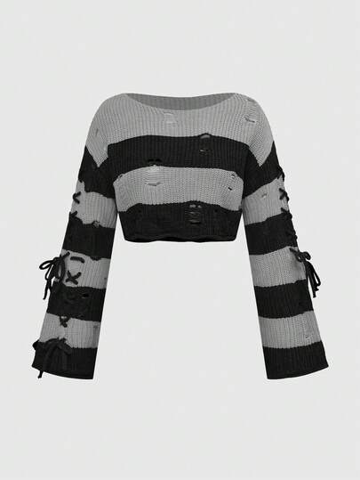 Top tricoté court à lacets sur le côté, rayures orange et noires pour Halloween