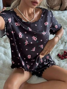 CottageSlumber Floral Rib Knit Loose Fit Short Sleeve Top & Shorts Women Pajama Set Black Pj Set Women, Christmas - Black - View 7