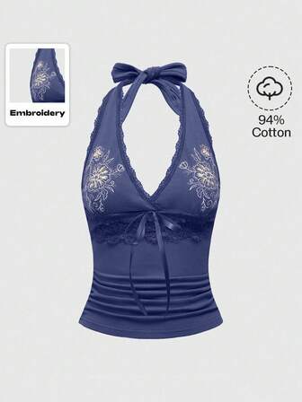 Hippie Blusa de verano casual de mujer con bordado floral y escote halter sin espalda