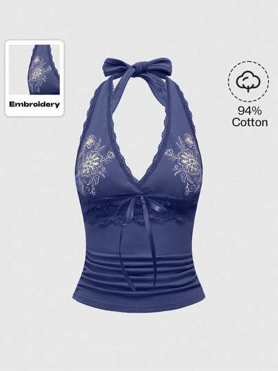 Hippie Women's Casual Floral Embroidery Backless Halter Top, Summer