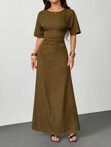 SHEIN PETITE Váy vải lanh pha trộn màu trơn thanh lịch dành cho nữ mùa hè, - xanh quân đội - Xem 6