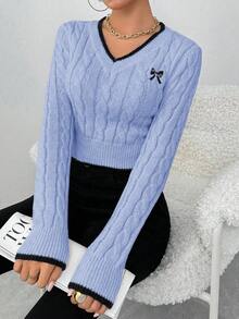 SHEIN Clasi 秋冬时尚蝴蝶刺绣V领粗针织女套头衫 - 藍色 - 查看 3
