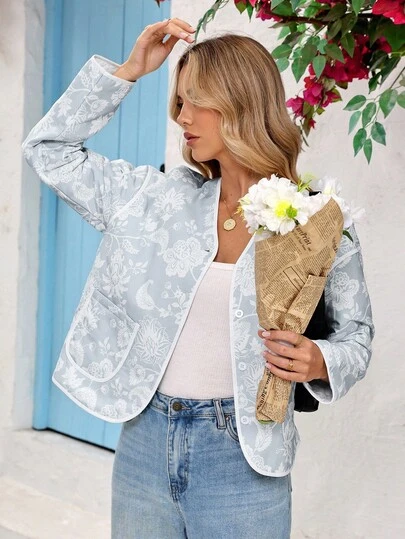 Vivid Eden Women's Floral Pattern Drop Shoulder Long Sleeve Casual Jacket, Autumn, Jacket Women, Floral Jacket, Quilted Jacket,Women's Winter Jacket,Autumn For Women,Christmas For Women