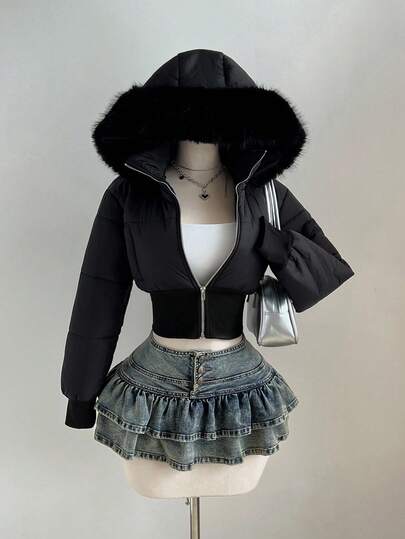 Elamini Women's Fashionable Apricot Vintage Patchwork Short Fur Hooded Cinched Waist Stand Collar Long Sleeve Short Padded Coat, Suitable For Autumn/Winter