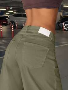 EURMUSE WOMEN LOOSE LOW WAIST WIDELEG EVERYDAY CASUAL JEAN - Khaki - View 3
