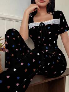 SHEIN Women's Casual Heart Print Square Neck Tight Top And Flared Pants Pajama Set Cute Lounge Set Heart Pajama Set Women Heart Pajama Set Two Pieces Pajama Set Women Lounge Set - Multicolor - View 6