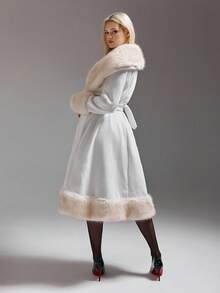 SHEIN ICON Cream-Color Faux Fur Collar Patchwork Long Tie-Waist Coat Autumn Winter - Beige - View 2