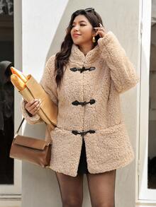 Vionelle Plus Size Stand Collar Solid Color Long Sleeve Casual Basic Teddy Coat Pocket Quilted Thermal Lining For Fashion Women