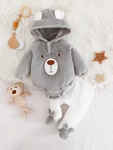 SHEIN 男婴 2 件套睡衣套装，舒适保暖简约棕熊刺绣长袖连帽连体衣 + 长裤，法兰绒休闲家居服