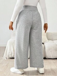Plussiva Plus Size Maternity Casual Everyday Commute Simple Solid Color Adjustable Waist Side Pockets Loose Wide Leg Pants   Winter - Grey - View 2