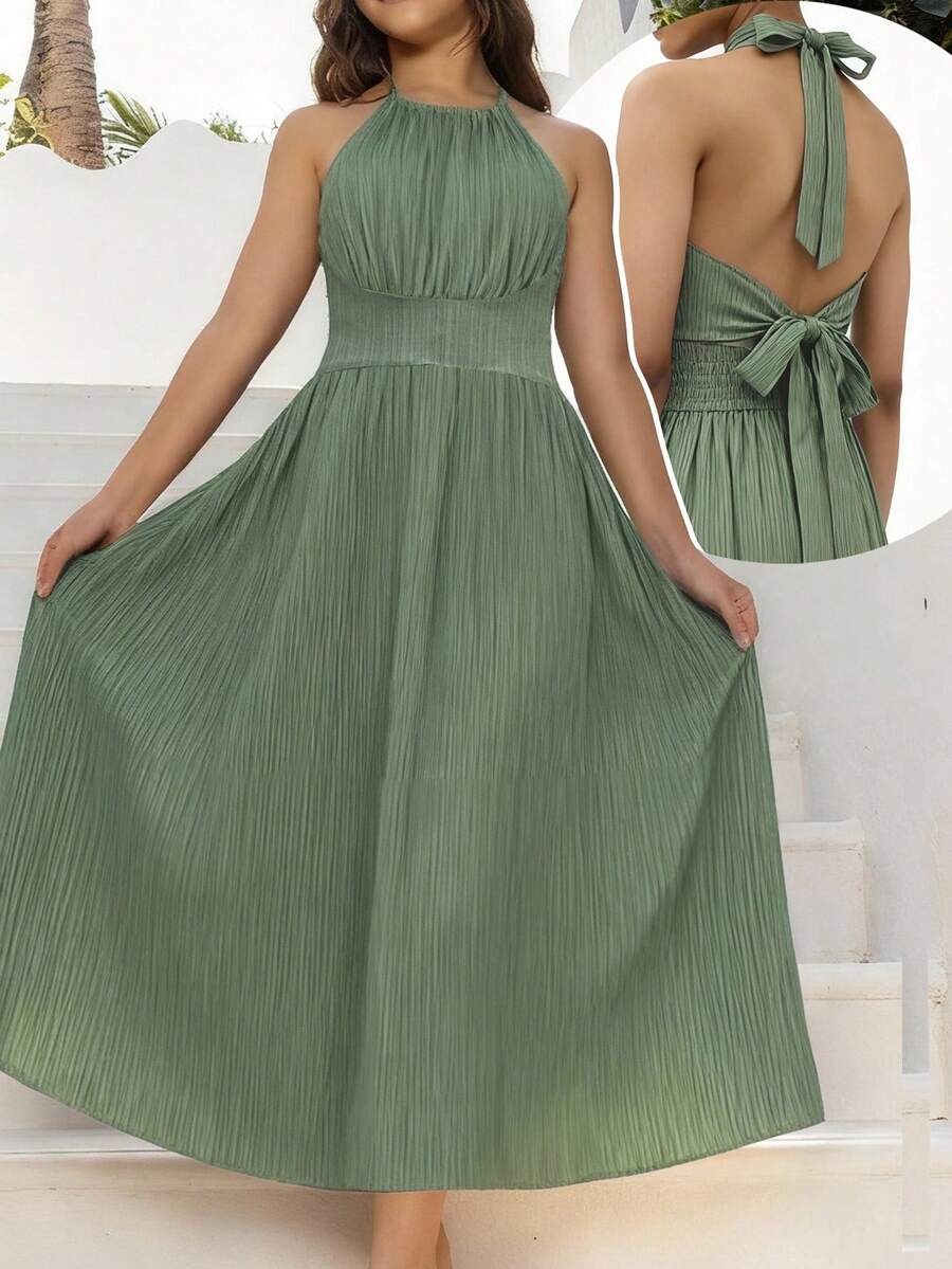 SHEIN Young Girls, Teenage Girls, Fashion Design, Casual Vacation, Waist Halter Neck, Backless Sleeveless Dress, High-End Green Dress, Halter Neck Dress, Vacation Dress, Waist Pleated Dress, Fashionable Design, Cutting-Edge Fashion Design, Can Be Worn Indoors And Outdoors, Simple Style, Suitable For Indoors, Outdoors, Daily Life, Sports, Play, Party, Photo Shoot, Vacation, Festival - Multicolor - View 1