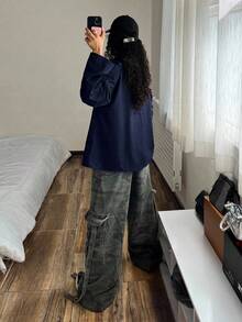 StreetHx 女式徽标印花宽松长袖街头风格衬衫 - 藏蓝色 - 查看 2