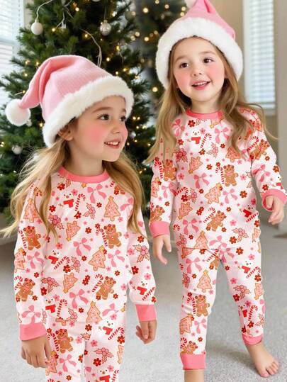 SHEIN Christmas Themed Pink Cute Cartoon Gingerbread, Butterfly, Reindeer, Snowflake, Snowman, Floral Print Cozy Thermal Lined Soft Comfortable Long Sleeve And Pants Pajama Set, Suitable For Autumn/Winter, Christmas Parties, Casual Wear, And Home