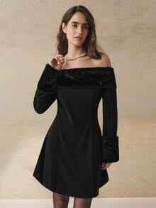 INAWLY Elegant Solid Color Fur Collar Off-Shoulder Dress, Autumn/Winter - Black - View 2