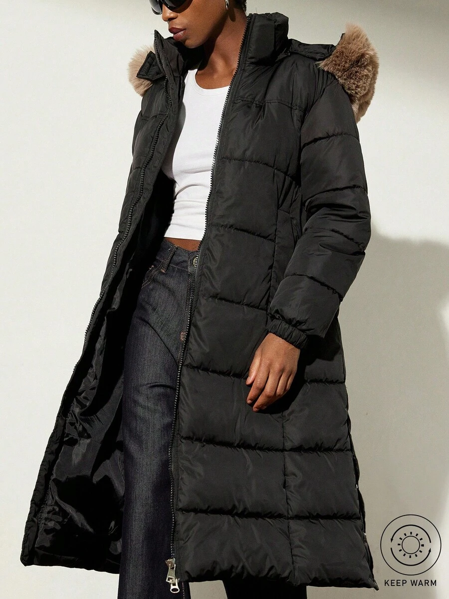 Aveloria Modichic New Casual Chic Minimalist High-End Zipper Detachable Hooded Thick Padded Coat With Fur Collar - Black - View 1