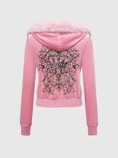 ROMWE Avant Sudadera con capucha de terciopelo con adorno de strass en forma de corona para mujer, estilo Y2K