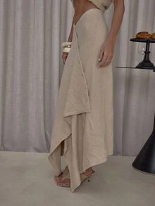 MUSERA Asymmetric Button Down Dipped Waist Knitted Maxi Sweater Skirt Co-Ord Bottoms Only Classy Casual Sexy Streetwear Going Out Toffee Evening Party Elegant Spring - Khaki - View 4