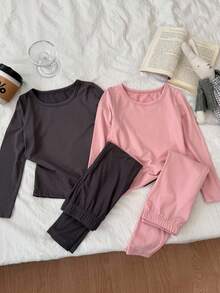 DAZY Young Girl Solid Color Long Sleeve & Long Pants Pajama Set - Multicolor - View 1