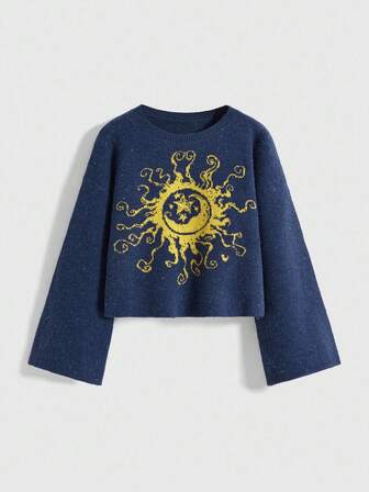 Fairycore Vintage Sonne & Mond Totem marineblauer kurzer Rundhals-Strickpullover, locker & lässiger Stil für Frauen