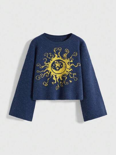 Fairycore Pull tricoté à col rond bleu marine style vintage avec motif soleil et lune, coupe ample et décontractée pour femmes