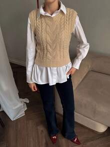 DAZY Chaleco de punto de cuello redondo casual para mujer, otoño/invierno - Caqui - Ver 2