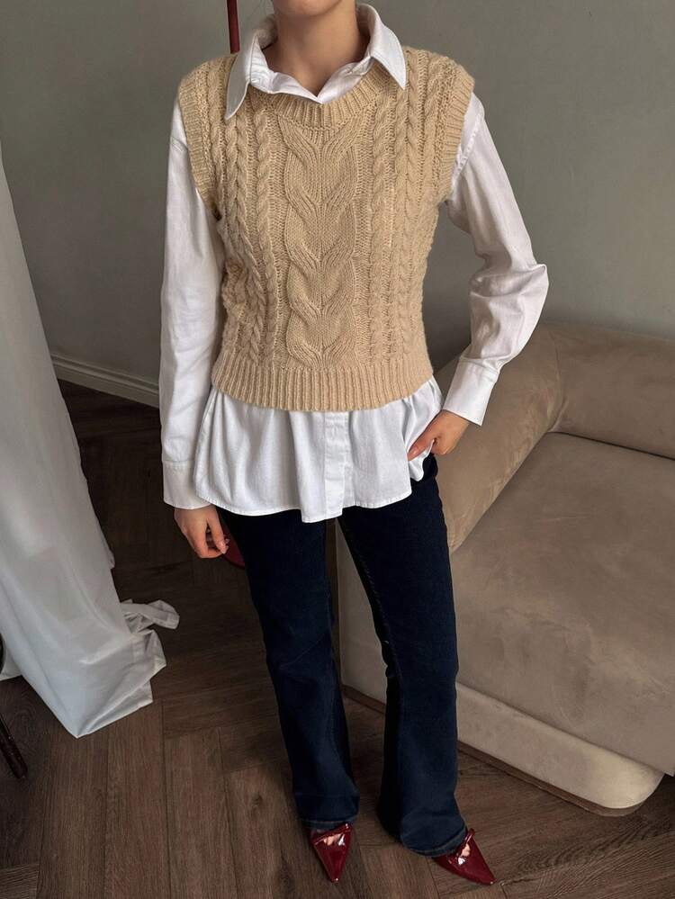Women's Casual Crew Neck Cable Knit Vest, Autumn/Winter