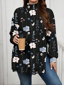 EMERY ROSE Plus Size Retro Floral Pattern High Collar Drop Shoulder Slit T-Shirt Winter Clothing Going Out New Women's Clothing Festival Wear - Multicolor - View 1