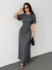 SHEIN PETITE Women's Summer Solid Color Linen Blend Casual Elegant Dress, - Dark Grey - View 5