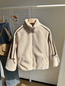 SHEIN Chaqueta casual beige esponjosa con decoración de lazo para niñas, versátil para ir y venir - Beis - Ver 6
