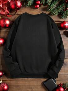 Manfinity Homme Sudadera holgada de cuello redondo con estampado navideño de cerveza para hombres talla grande en color negro, adecuada para fiestas navideñas, regalo para esposo/novio, otoño/invierno