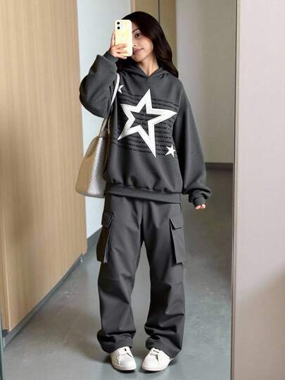 2 件套青少年女孩星星字母印花宽松灰色连帽运动衫和工装口袋褶皱斜纹裤，女孩冬季/秋季服装，儿童运动服，非常适合秋冬季休闲、日常穿着和上学