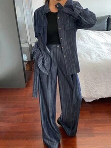 DAZY Women's Bark Texture Fabric Street Casual 3D Jacket And Straight Leg Pants 2 Pieces Set - Navy Blue - View 6