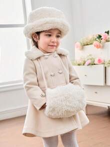 SHEIN Baby Mädchen einfarbiger Fellkragen Doppelreiher Langarm Wollmantel, Herbst/Winter - Beige - Übersicht 1