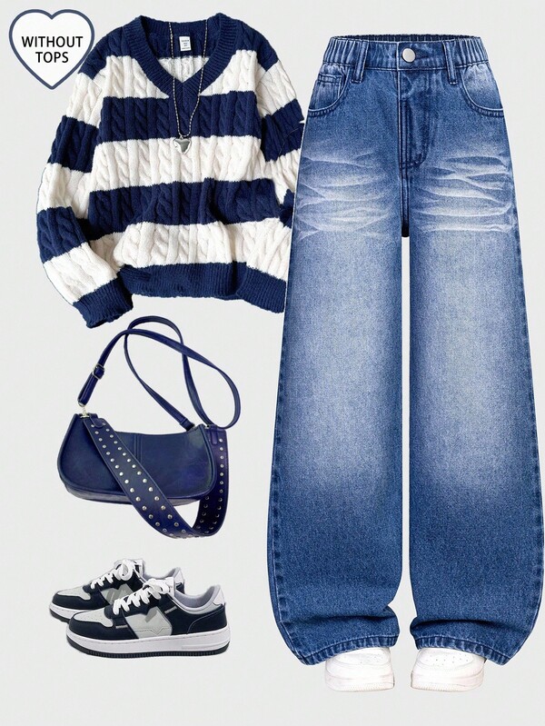 Sparklyn Tween  Girls' Casual Retro Unisex Fashion Distressed Loose Wide Leg Jeans, Blue   Y2K Retro Washed High Waist Cat Whisker Washed Baggy Staight Leg Jeans,Tween Girls Fall Winter Clothes Back To School Streetwear Outfits