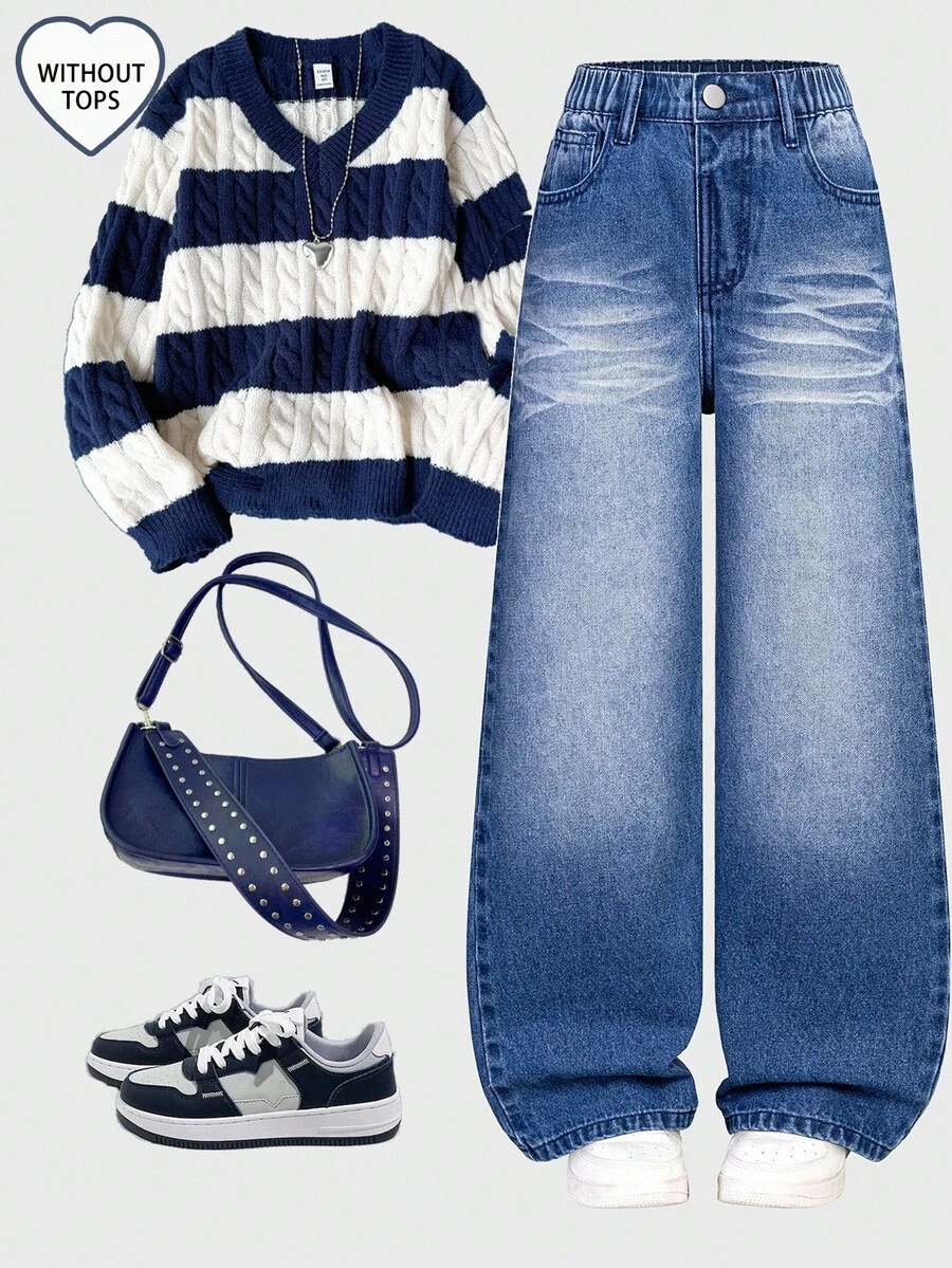 بنطلون جينز واسع الساق مهترئ بتصميم كاجوال رجعي مناسب للجنسين، لفتيات البدناء، باللون الأزرق - الأزرق - مشاهدة 1