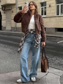 SHEIN BAE 女式休闲纯色立领夹克，秋冬 - 咖啡棕 - 查看 8