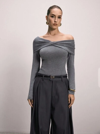 ATUI Studio 女士休闲露肩纯色长袖针织毛衣，灰色毛衣，秋季毛衣，女士秋季毛衣，女士毛衣，秋季羊毛毛衣，秋季，户外，灰色毛衣