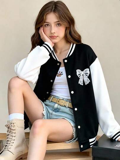 Sparklyn 少女拼色蝴蝶结装饰长袖夹克