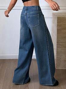 DAZY Women's Distressed Washed Rivet Decor Straight Leg Casual Jeans, Street Style, Autumn/Winter