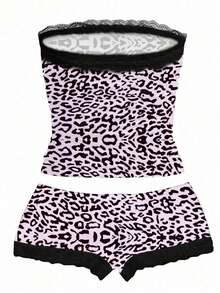 Zyxie 2pcs/Set Women Leopard Print Lace Splicing Camisole Top And Shorts Set - Multicolor - View 2